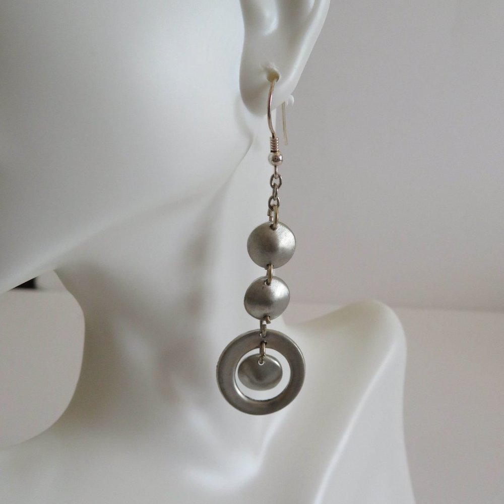 Silver Geometric Circles/Discs Dangle Earrings, EUC